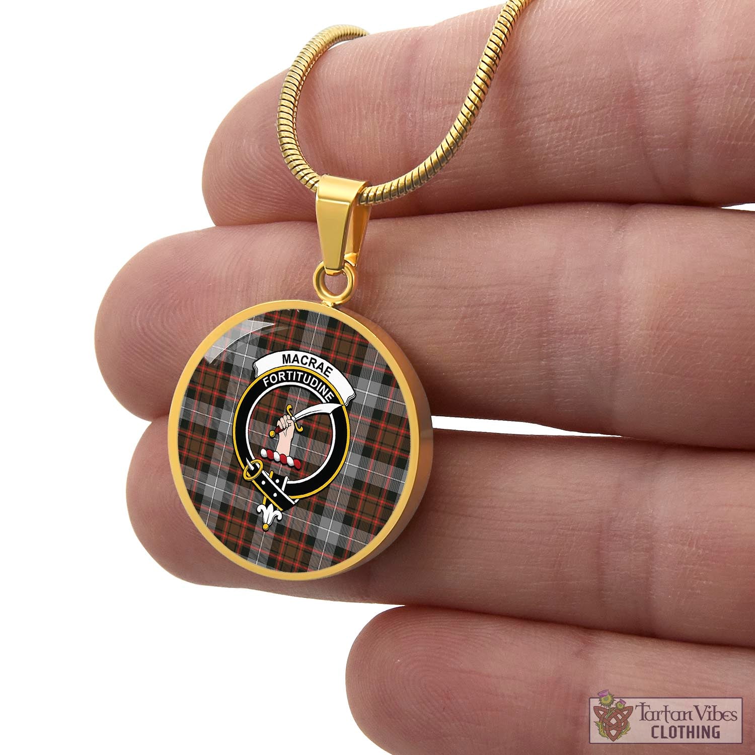 Tartan Vibes Clothing MacRae Hunting Weathered Tartan Circle Necklace with Family Crest