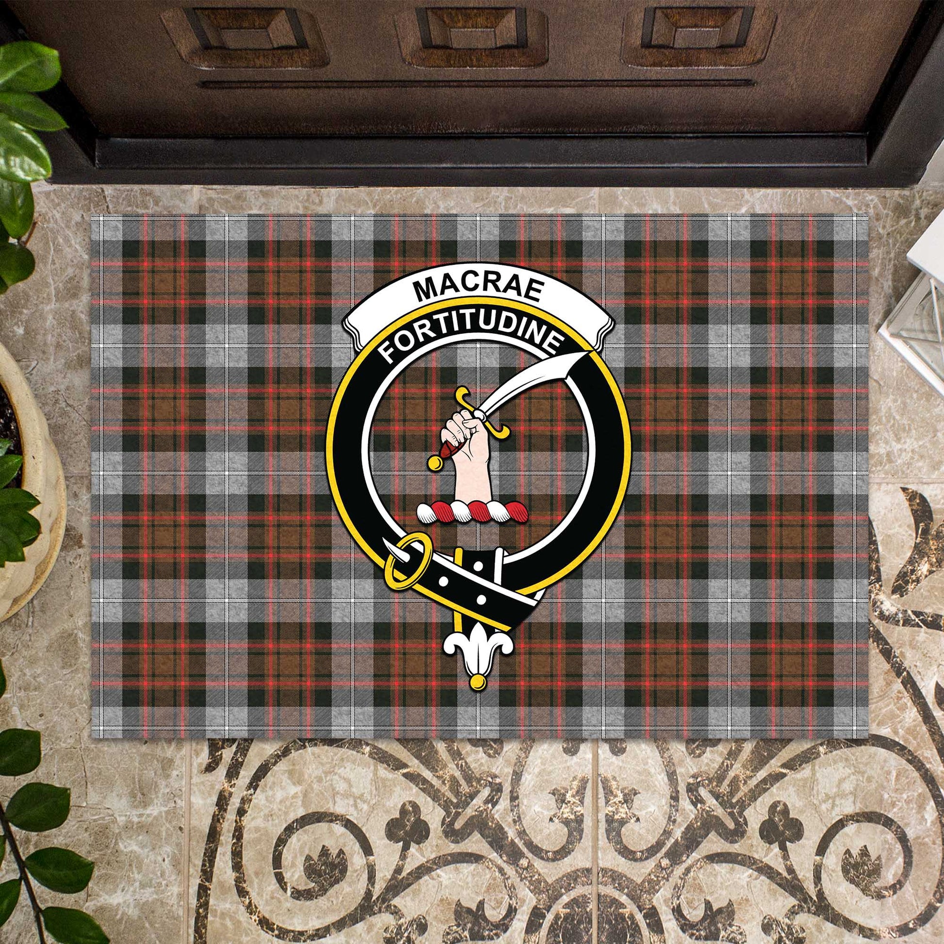 MacRae Hunting Weathered Tartan Door Mat with Family Crest - Tartanvibesclothing