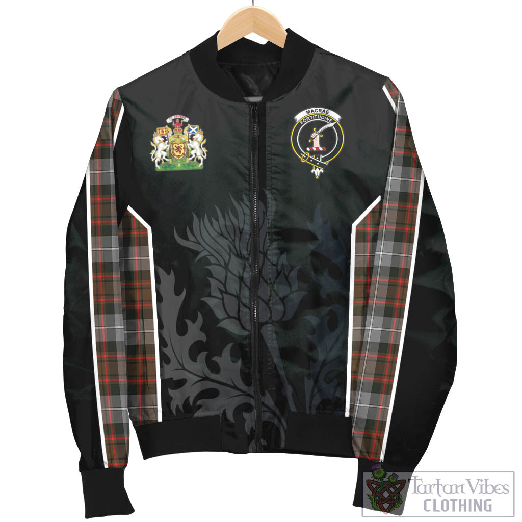 Tartan Vibes Clothing MacRae Hunting Weathered Tartan Bomber Jacket with Family Crest and Scottish Thistle Vibes Sport Style