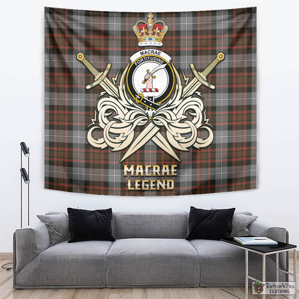 Tartan Vibes Clothing MacRae Hunting Weathered Tartan Tapestry with Clan Crest and the Golden Sword of Courageous Legacy