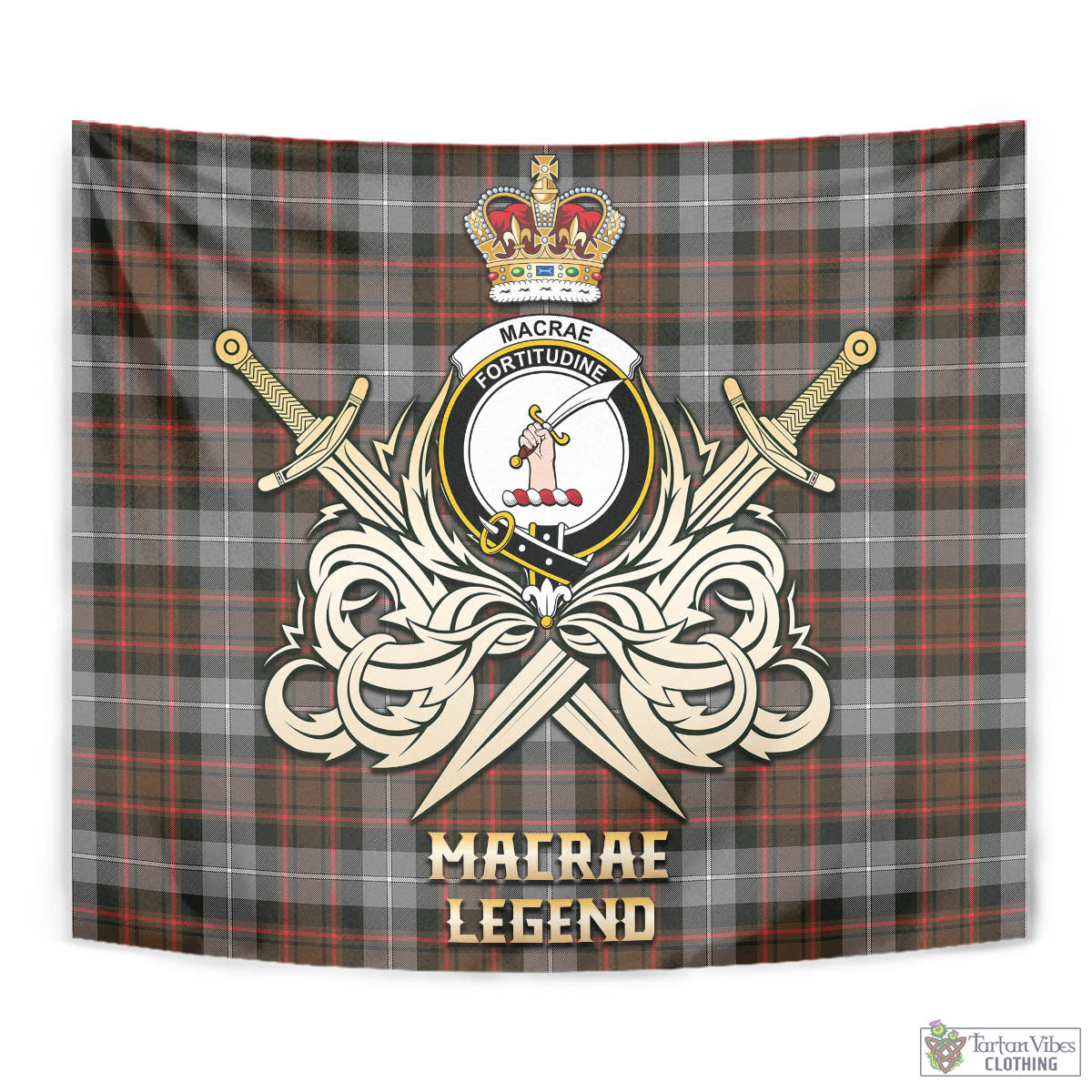 Tartan Vibes Clothing MacRae Hunting Weathered Tartan Tapestry with Clan Crest and the Golden Sword of Courageous Legacy