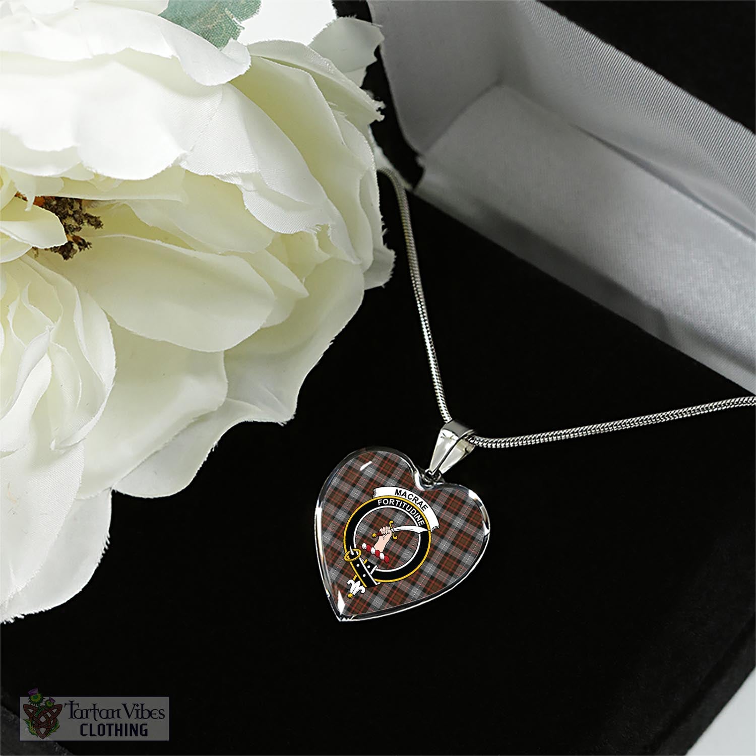 Tartan Vibes Clothing MacRae Hunting Weathered Tartan Heart Necklace with Family Crest