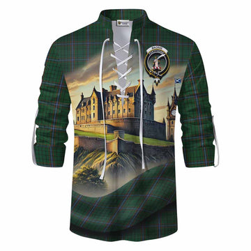 MacRae (McRae) Tartan Family Crest Ghillie Kilt Shirt with Scottish Ancient Castle Style Men - Tartan Vibes Clothing