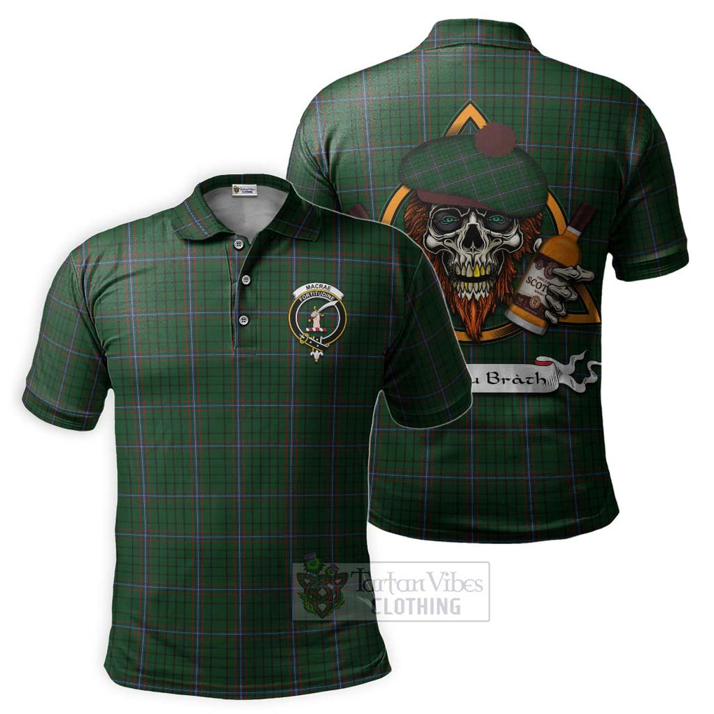 Tartan Vibes Clothing MacRae (McRae) Tartan Polo Shirt with Family Crest and Bearded Skull Holding Bottles of Whiskey