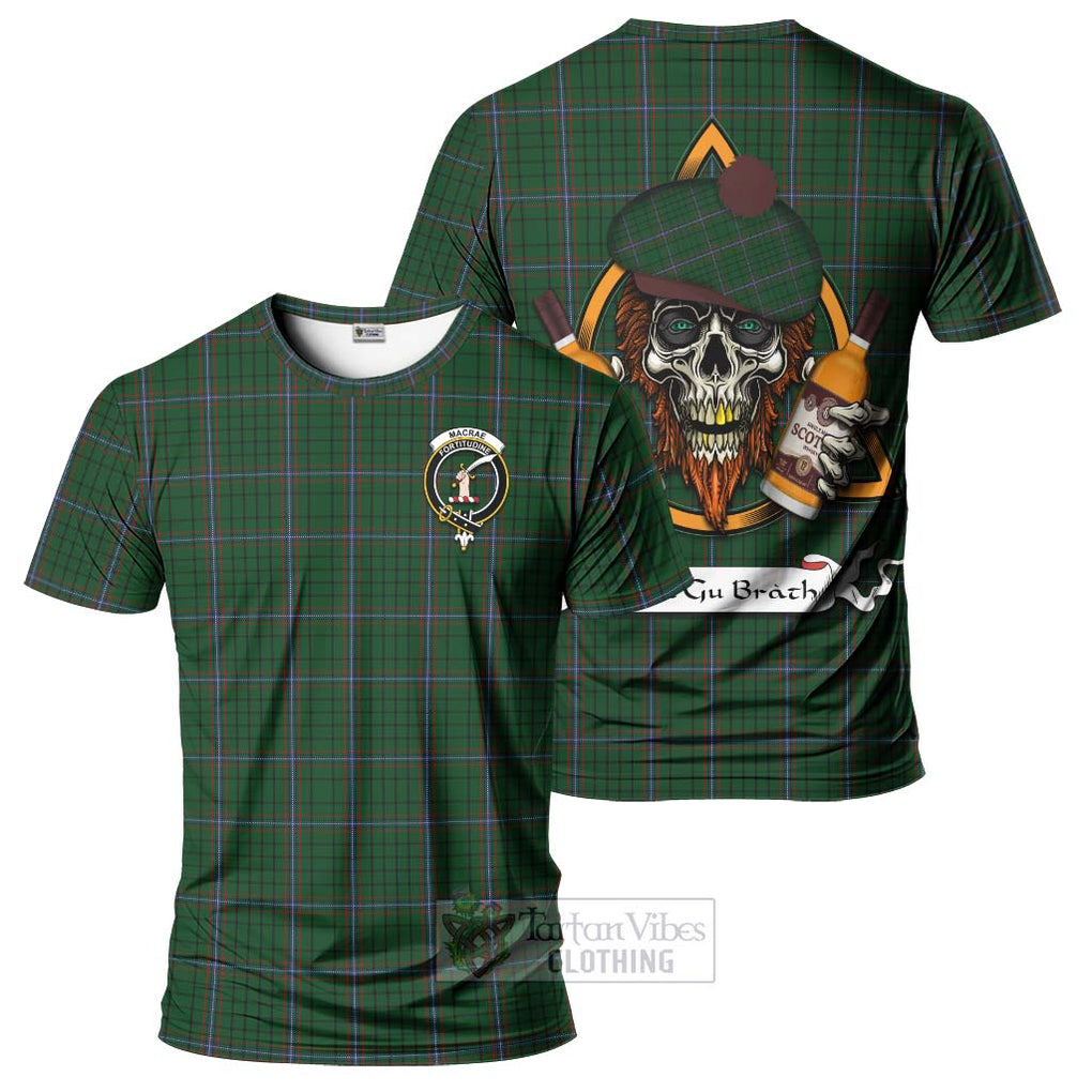 Tartan Vibes Clothing MacRae (McRae) Tartan T-Shirt with Family Crest and Bearded Skull Holding Bottles of Whiskey