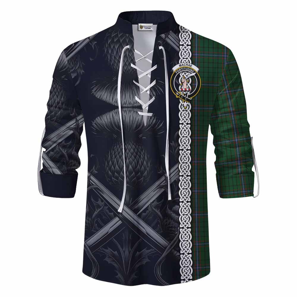 MacRae (McRae) Tartan Ghillie Kilt Shirt with Family Crest Cross Sword Thistle Celtic Vibes Men - Tartan Vibes Clothing