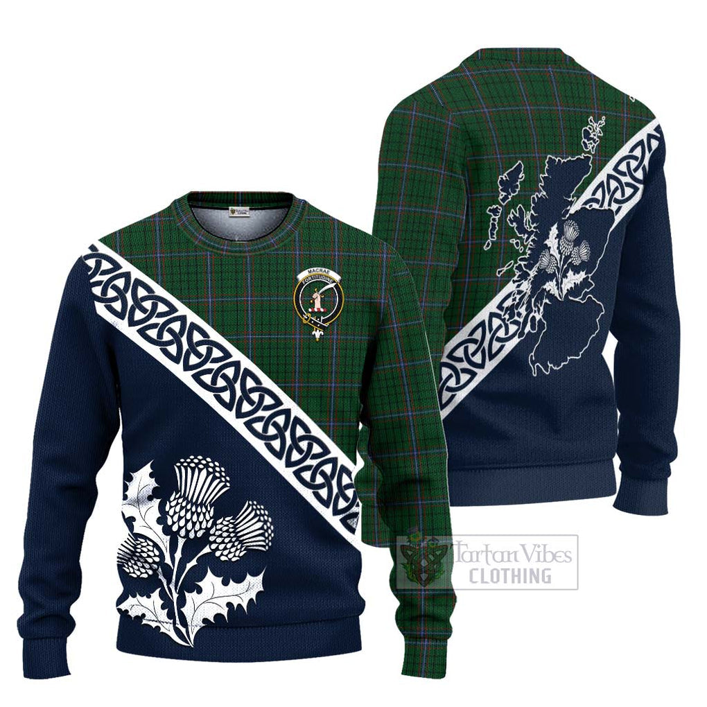 Tartan Vibes Clothing MacRae (McRae) Tartan Knitted Sweater Featuring Thistle and Scotland Map