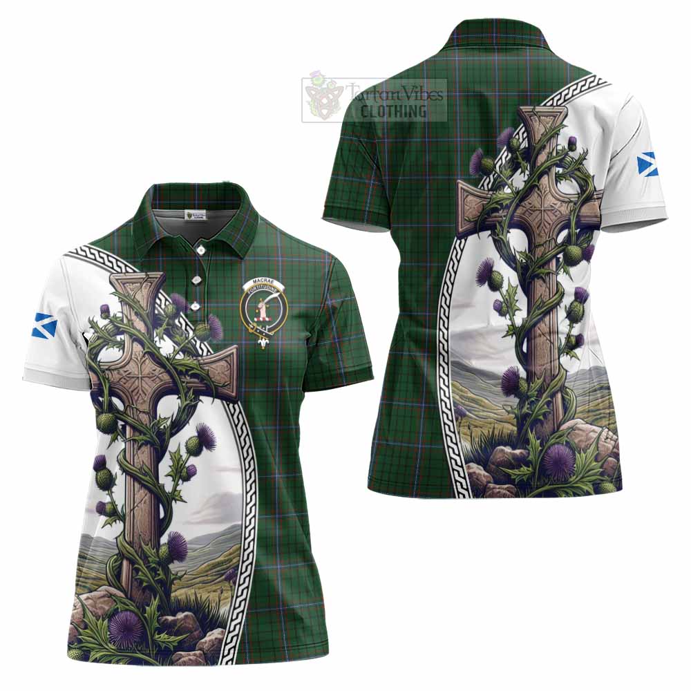 Tartan Vibes Clothing MacRae (McRae) Tartan Women's Polo Shirt with Family Crest and St. Andrew's Cross Accented by Thistle Vines