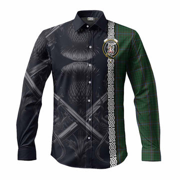 MacRae (McRae) Tartan Long Sleeve Button Shirt with Family Crest Cross Sword Thistle Celtic Vibes