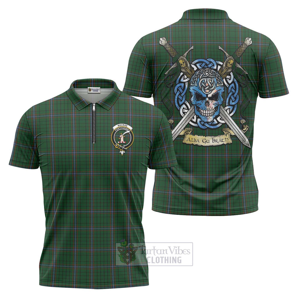 Tartan Vibes Clothing MacRae (McRae) Tartan Zipper Polo Shirt with Family Crest Celtic Skull Style