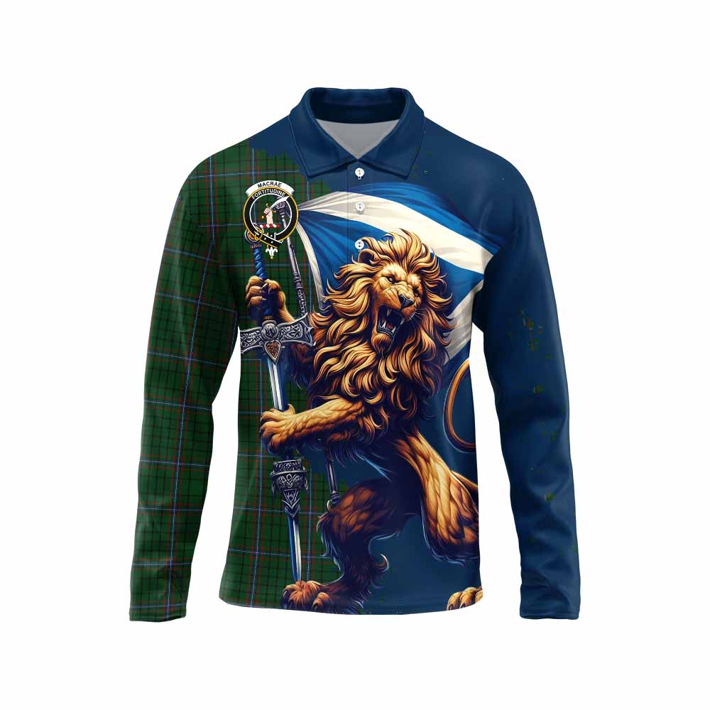 Tartan Vibes Clothing MacRae (McRae) Tartan Family Crest Long Sleeve Polo Shirt with Scottish Majestic Lion