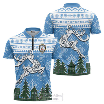 MacRae (McRae) Clan Christmas Zipper Polo Shirt Celtic Reindeer Style