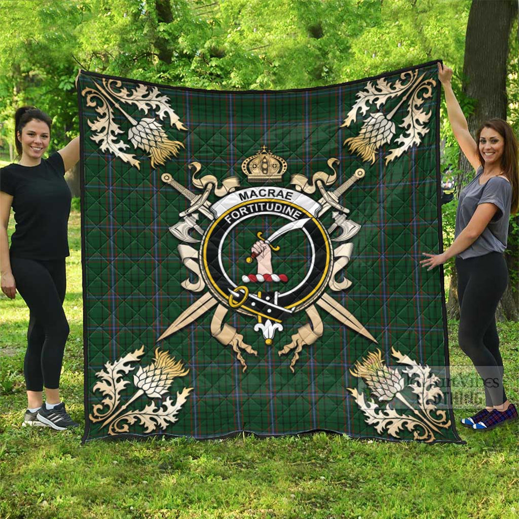 Tartan Vibes Clothing MacRae (McRae) Tartan Quilt with Family Crest and Scottish Golden Courage Shield