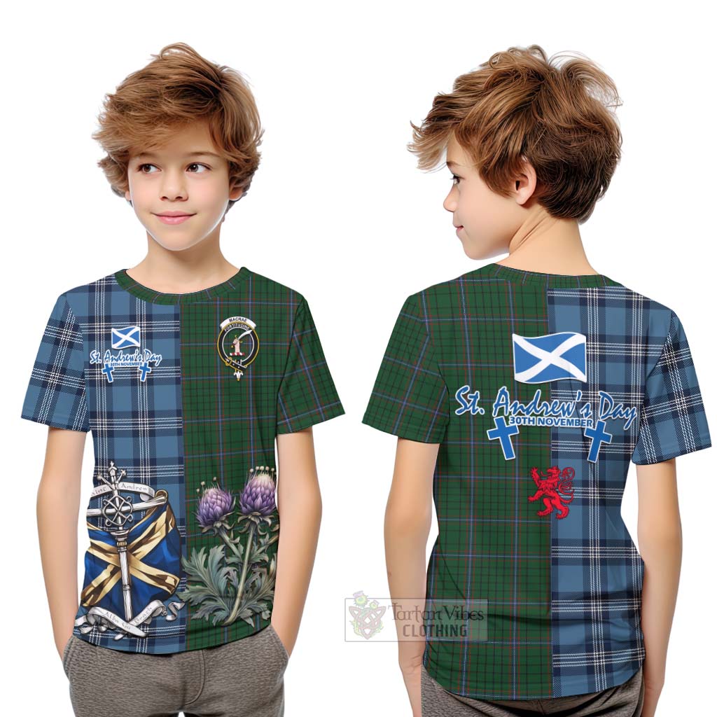 Tartan Vibes Clothing MacRae (McRae) Tartan Kid T-Shirt Happy St. Andrew's Day Half Tartan Style