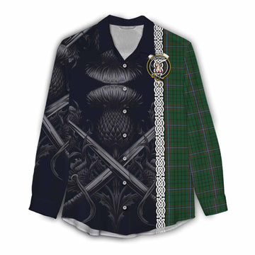 MacRae (McRae) Tartan Women's Casual Shirt with Family Crest Cross Sword Thistle Celtic Vibes