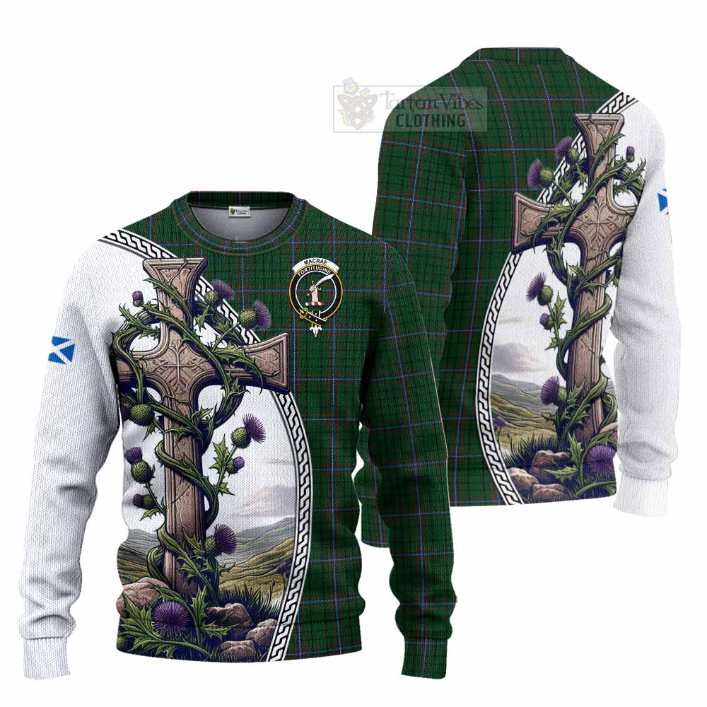 Tartan Vibes Clothing MacRae (McRae) Tartan Knitted Sweater with Family Crest and St. Andrew's Cross Accented by Thistle Vines