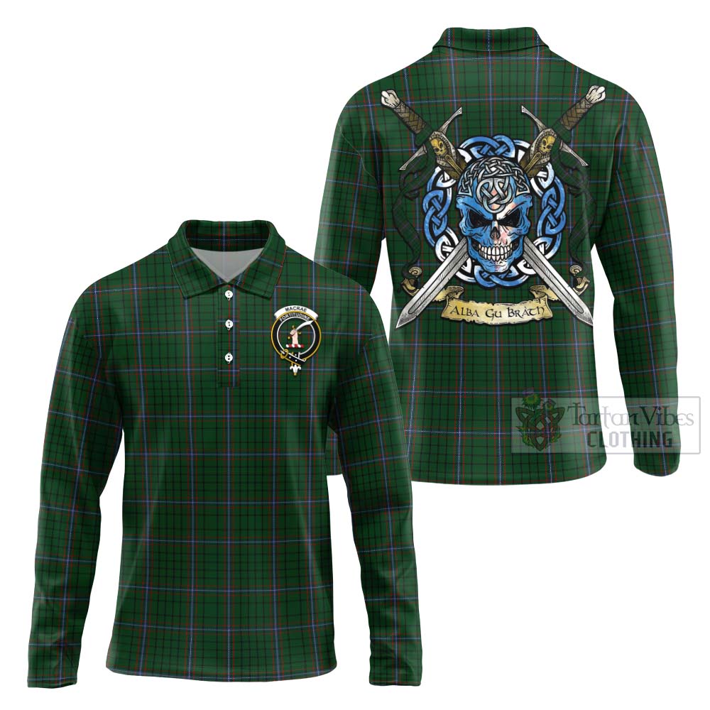 Tartan Vibes Clothing MacRae (McRae) Tartan Long Sleeve Polo Shirt with Family Crest Celtic Skull Style