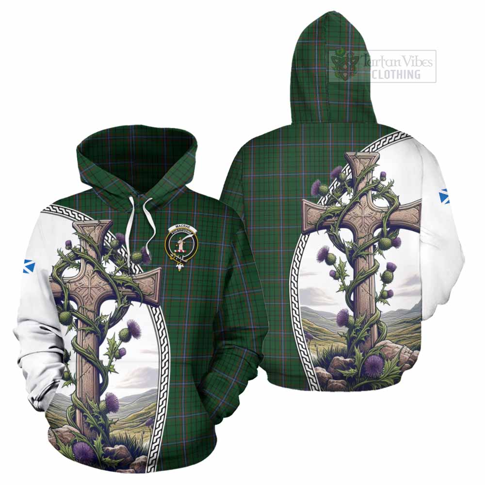 Tartan Vibes Clothing MacRae (McRae) Tartan Hoodie with Family Crest and St. Andrew's Cross Accented by Thistle Vines