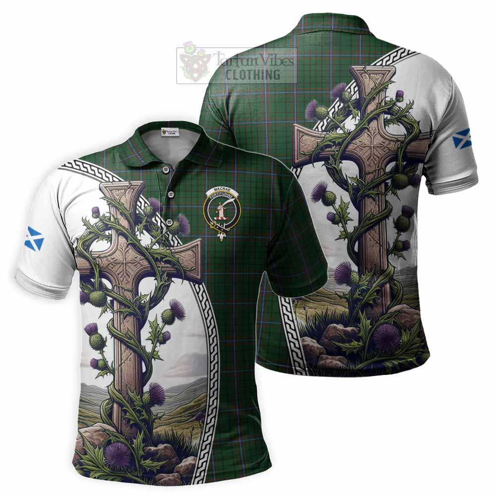 Tartan Vibes Clothing MacRae (McRae) Tartan Polo Shirt with Family Crest and St. Andrew's Cross Accented by Thistle Vines