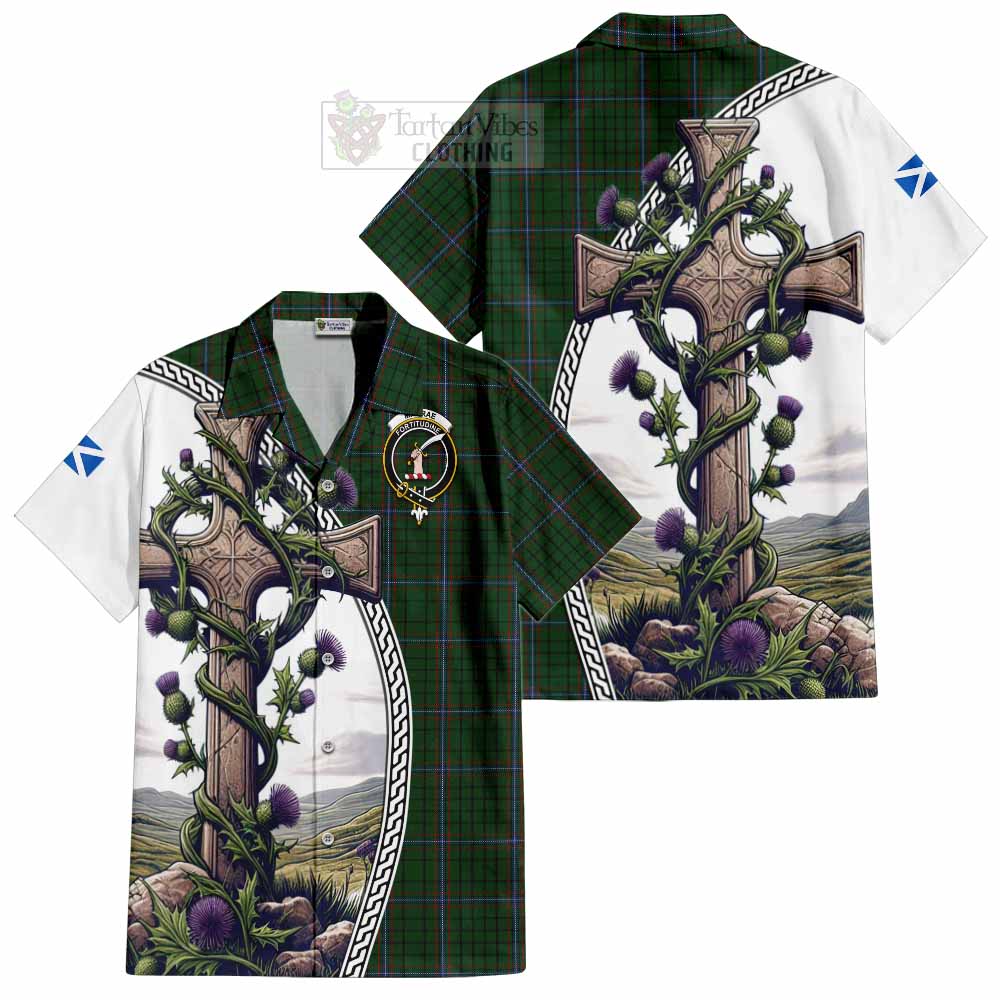 Tartan Vibes Clothing MacRae (McRae) Tartan Short Sleeve Button Shirt with Family Crest and St. Andrew's Cross Accented by Thistle Vines