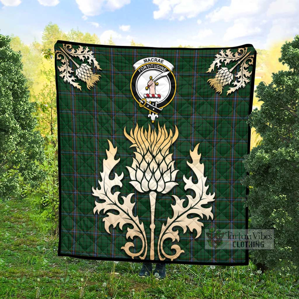 Tartan Vibes Clothing MacRae (McRae) Tartan Quilt with Family Crest and Golden Thistle Style