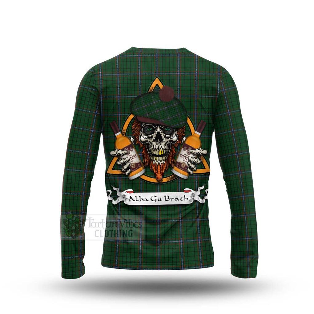 Tartan Vibes Clothing MacRae (McRae) Tartan Long Sleeve T-Shirt with Family Crest and Bearded Skull Holding Bottles of Whiskey