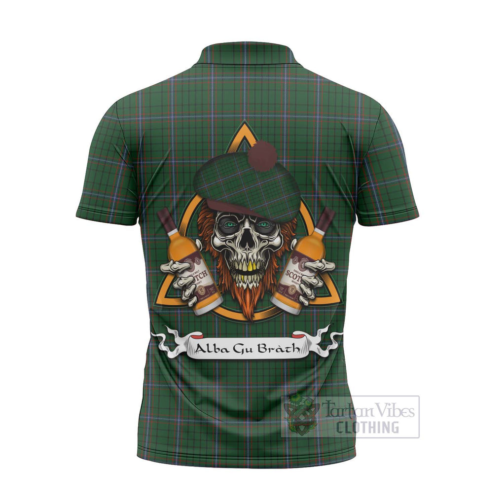 Tartan Vibes Clothing MacRae (McRae) Tartan Zipper Polo Shirt with Family Crest and Bearded Skull Holding Bottles of Whiskey