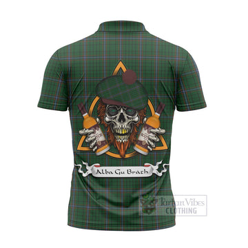 MacRae (McRae) Tartan Zipper Polo Shirt with Family Crest and Bearded Skull Holding Bottles of Whiskey