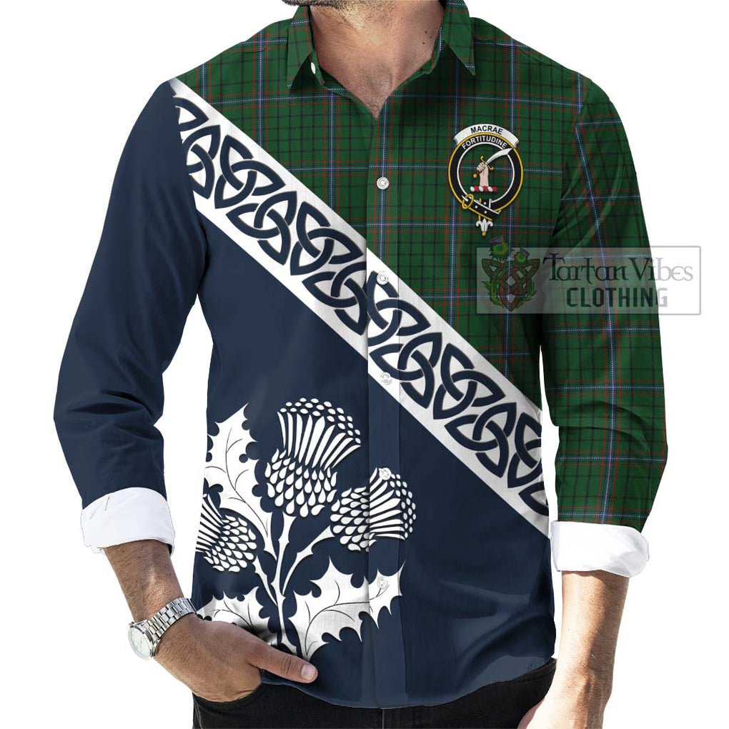 Tartan Vibes Clothing MacRae (McRae) Tartan Long Sleeve Button Shirt Featuring Thistle and Scotland Map