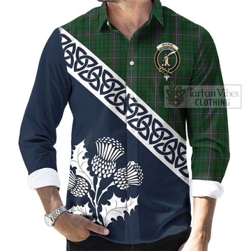 MacRae (McRae) Tartan Long Sleeve Button Shirt Featuring Thistle and Scotland Map