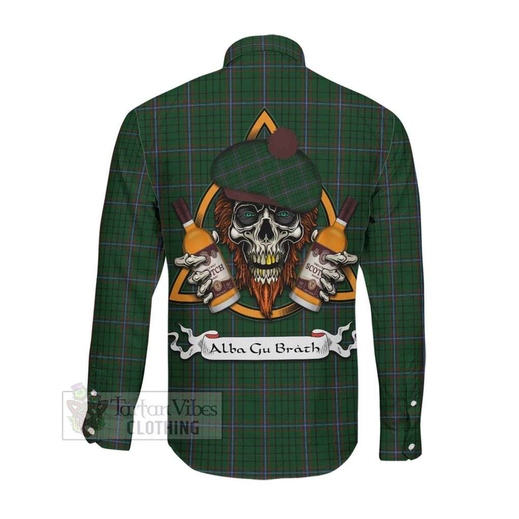 Tartan Vibes Clothing MacRae (McRae) Tartan Long Sleeve Button Shirt with Family Crest and Bearded Skull Holding Bottles of Whiskey