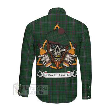 MacRae (McRae) Tartan Long Sleeve Button Shirt with Family Crest and Bearded Skull Holding Bottles of Whiskey