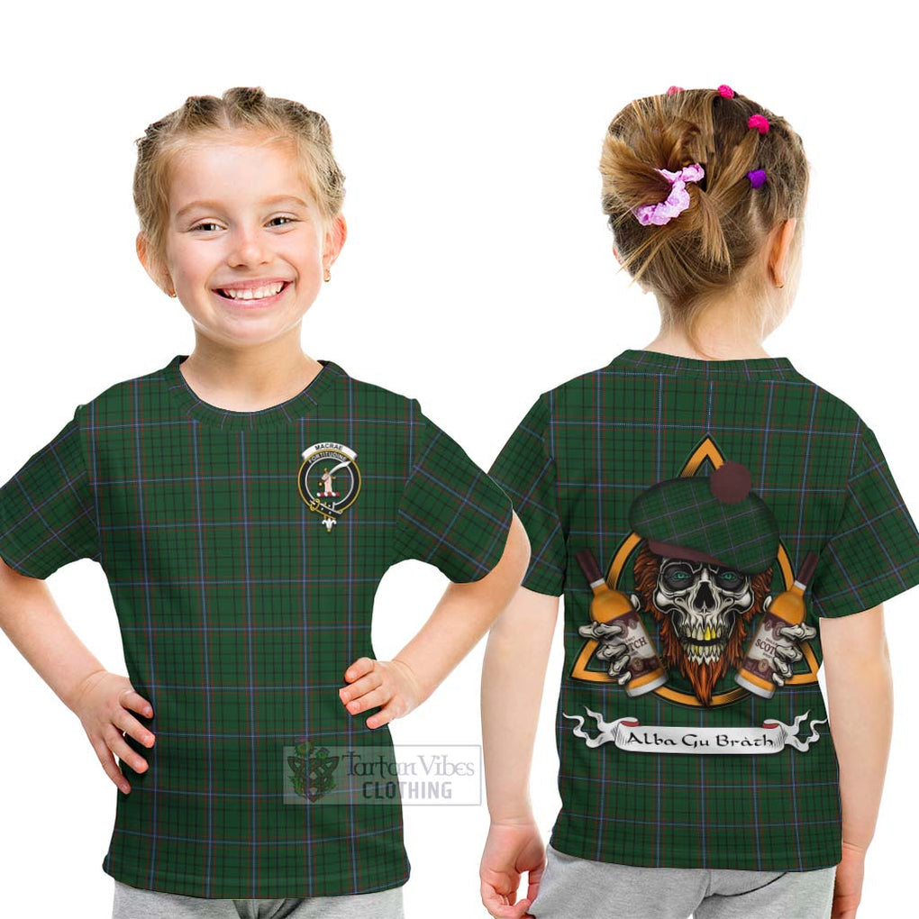 Tartan Vibes Clothing MacRae (McRae) Tartan Kid T-Shirt with Family Crest and Bearded Skull Holding Bottles of Whiskey