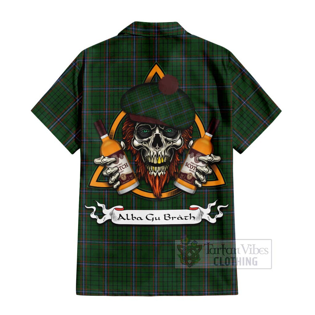 Tartan Vibes Clothing MacRae (McRae) Tartan Short Sleeve Button Shirt with Family Crest and Bearded Skull Holding Bottles of Whiskey