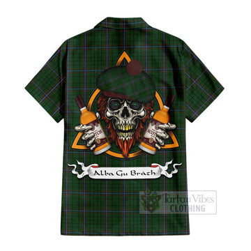 MacRae (McRae) Tartan Short Sleeve Button Shirt with Family Crest and Bearded Skull Holding Bottles of Whiskey