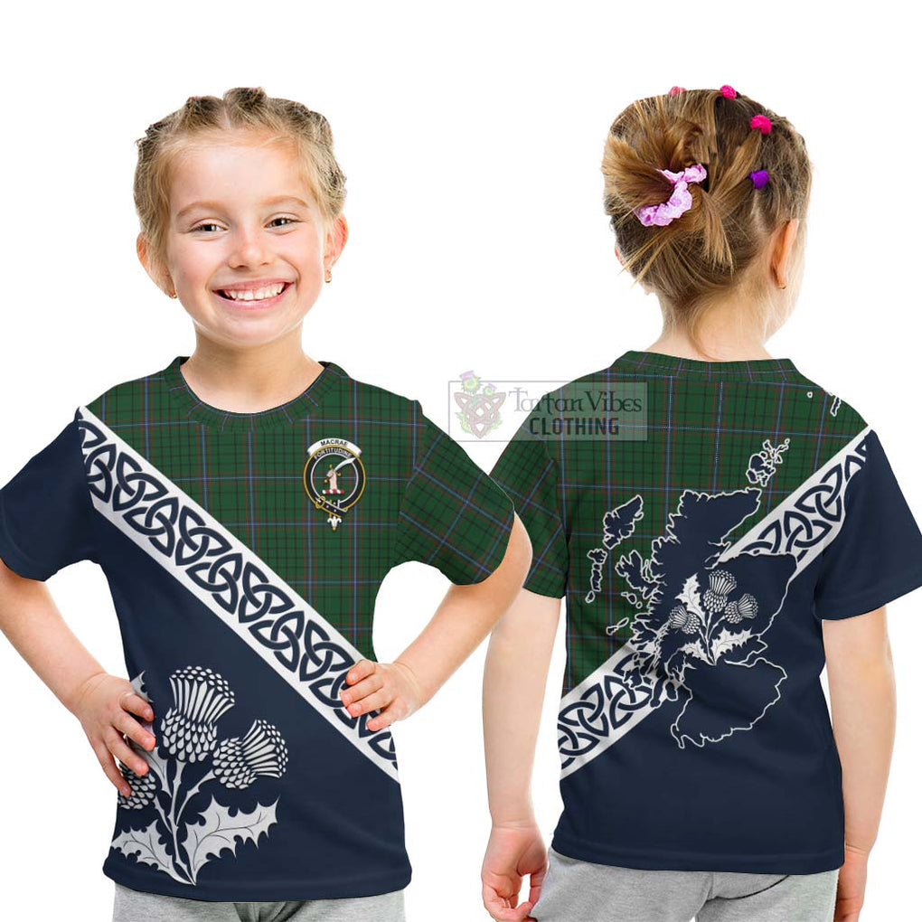 Tartan Vibes Clothing MacRae (McRae) Tartan Kid T-Shirt Featuring Thistle and Scotland Map