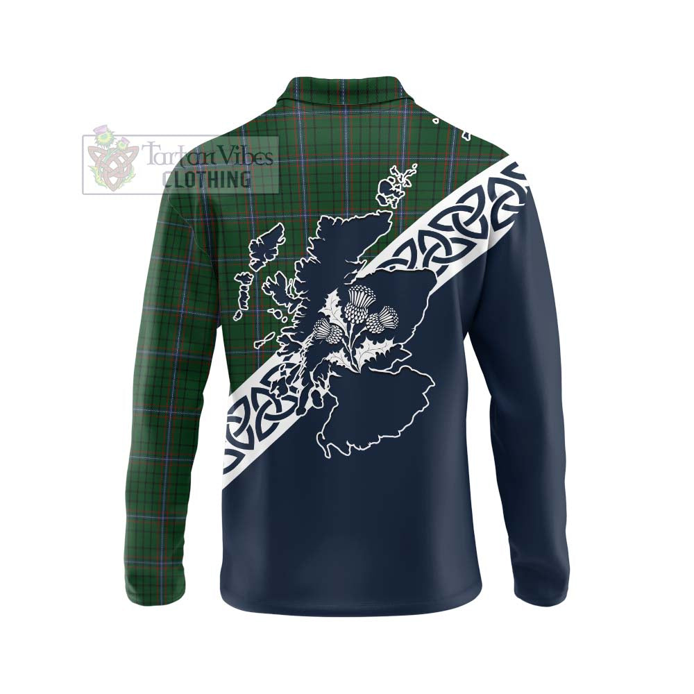 Tartan Vibes Clothing MacRae (McRae) Tartan Long Sleeve Polo Shirt Featuring Thistle and Scotland Map