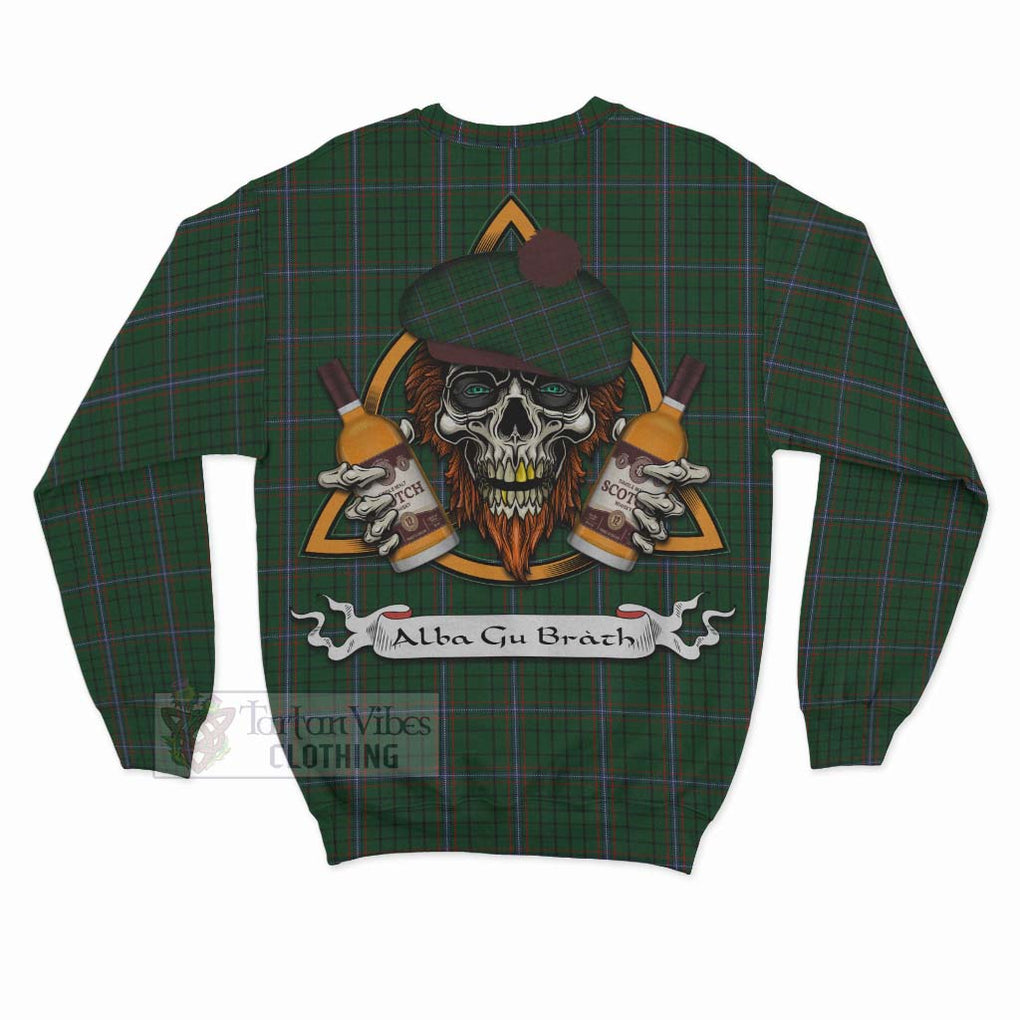 Tartan Vibes Clothing MacRae (McRae) Tartan Sweatshirt with Family Crest and Bearded Skull Holding Bottles of Whiskey