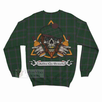 MacRae (McRae) Tartan Sweatshirt with Family Crest and Bearded Skull Holding Bottles of Whiskey