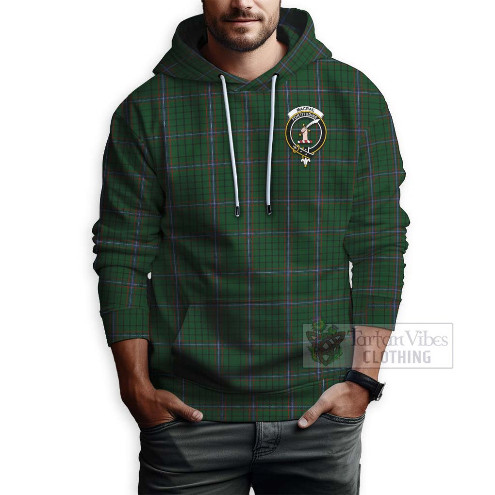 Tartan Vibes Clothing MacRae (McRae) Tartan Hoodie with Family Crest and Bearded Skull Holding Bottles of Whiskey