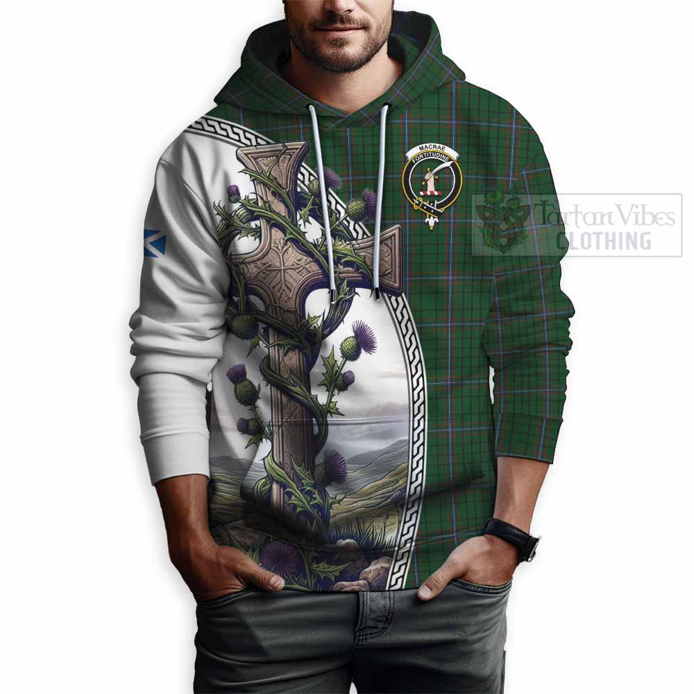 Tartan Vibes Clothing MacRae (McRae) Tartan Hoodie with Family Crest and St. Andrew's Cross Accented by Thistle Vines