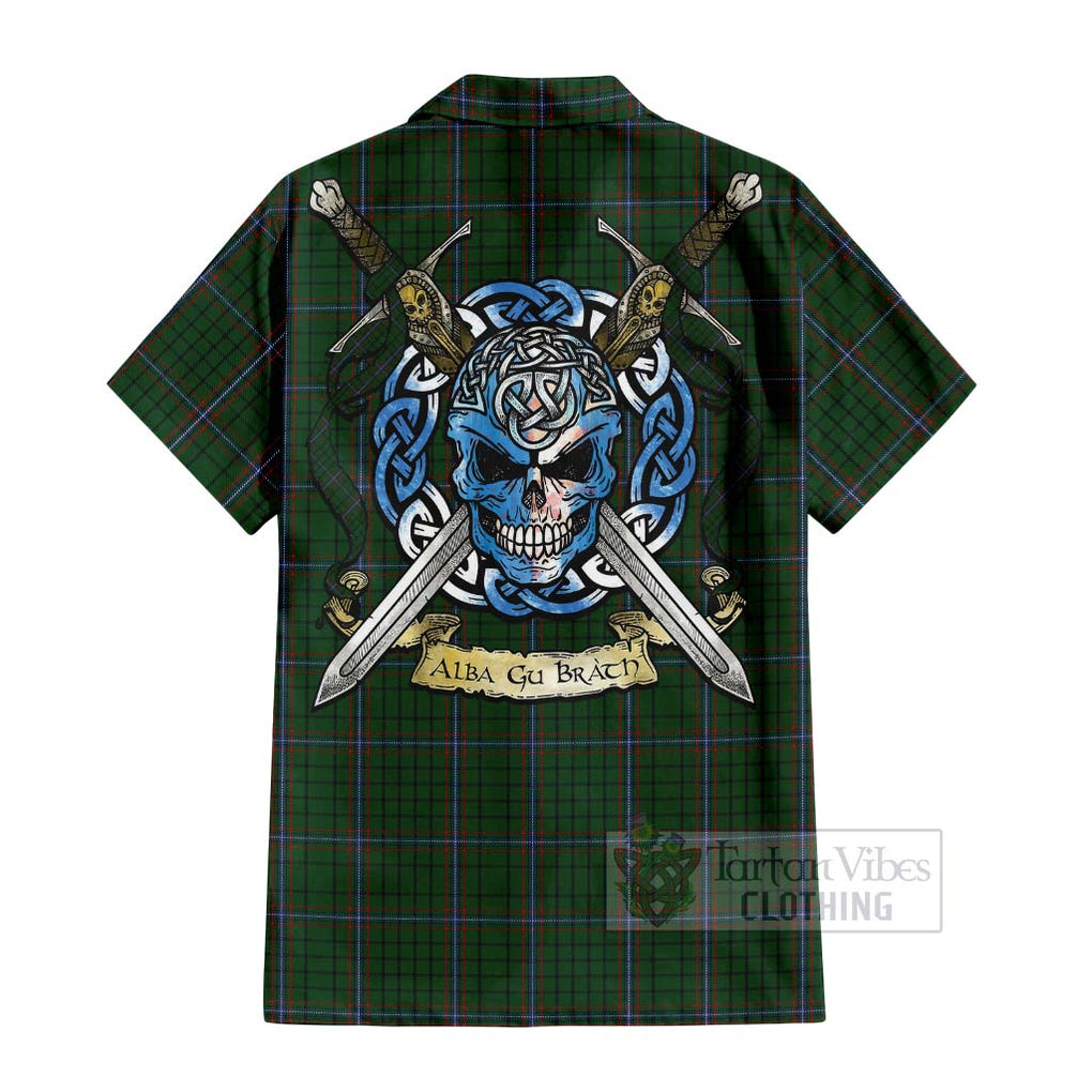 Tartan Vibes Clothing MacRae (McRae) Tartan Short Sleeve Button Shirt with Family Crest Celtic Skull Style