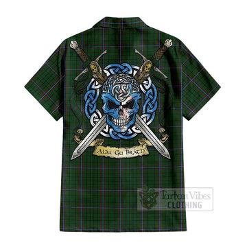 MacRae (McRae) Tartan Short Sleeve Button Shirt with Family Crest Celtic Skull Style