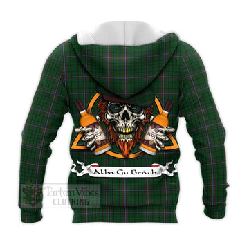 MacRae (McRae) Tartan Knitted Hoodie with Family Crest and Bearded Skull Holding Bottles of Whiskey