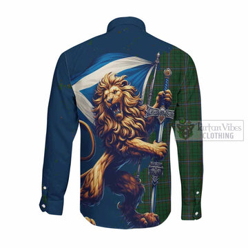 MacRae (McRae) Tartan Family Crest Long Sleeve Button Shirt with Scottish Majestic Lion