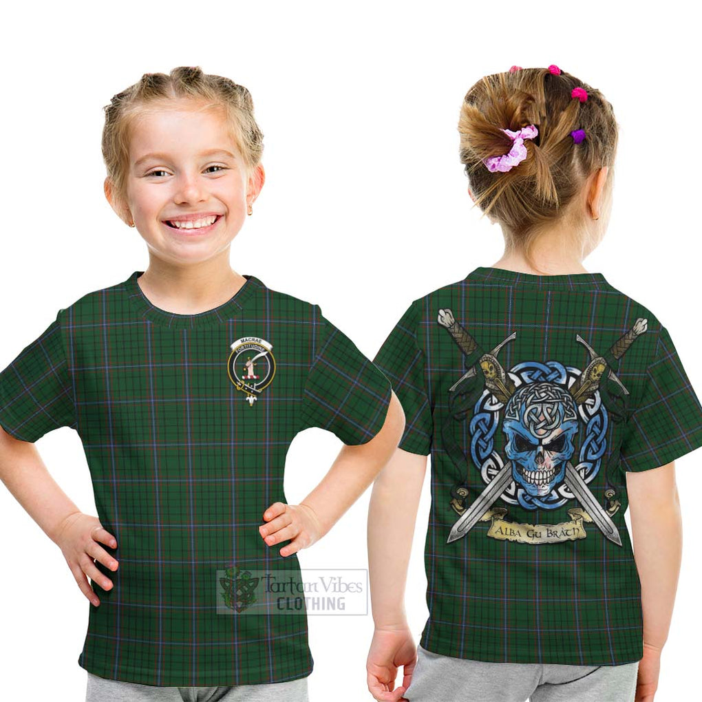 Tartan Vibes Clothing MacRae (McRae) Tartan Kid T-Shirt with Family Crest Celtic Skull Style