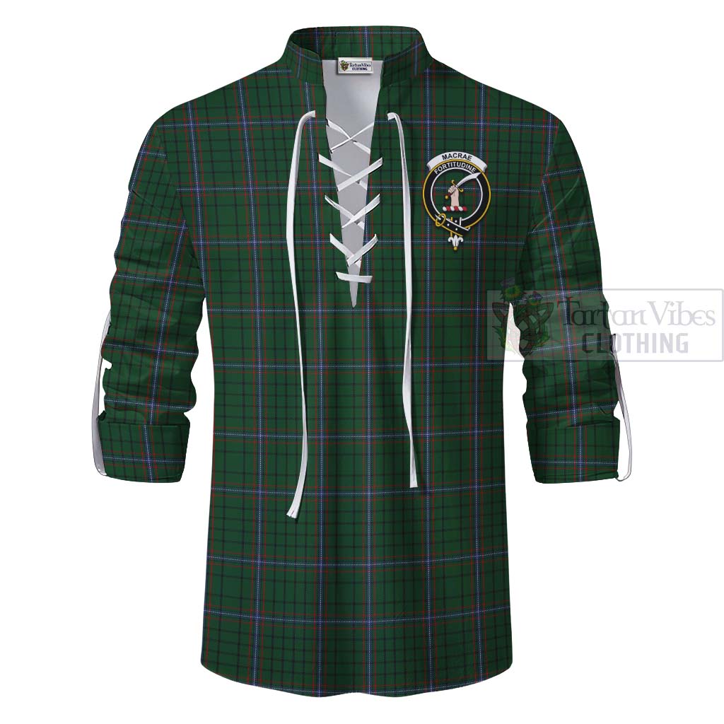 Tartan Vibes Clothing MacRae (McRae) Tartan Ghillie Kilt Shirt with Family Crest and Bearded Skull Holding Bottles of Whiskey