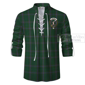 MacRae (McRae) Tartan Ghillie Kilt Shirt with Family Crest and Bearded Skull Holding Bottles of Whiskey