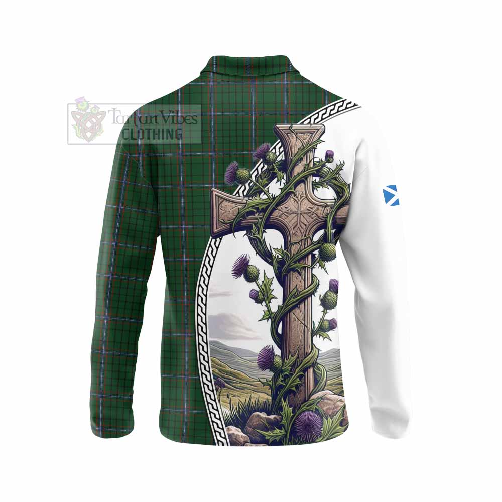 Tartan Vibes Clothing MacRae (McRae) Tartan Long Sleeve Polo Shirt with Family Crest and St. Andrew's Cross Accented by Thistle Vines