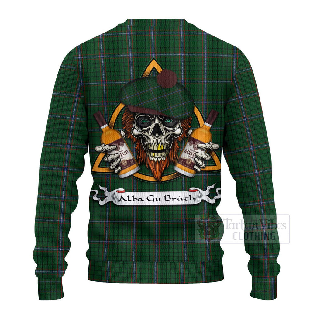 Tartan Vibes Clothing MacRae (McRae) Tartan Knitted Sweater with Family Crest and Bearded Skull Holding Bottles of Whiskey